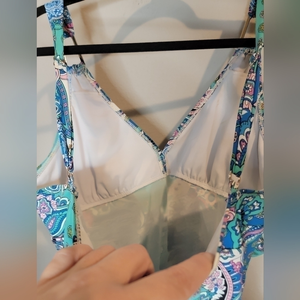 Assets by Spanx size XL turquoise‎ and blue paisley design one piece swimsuit. - Picture 8 of 9